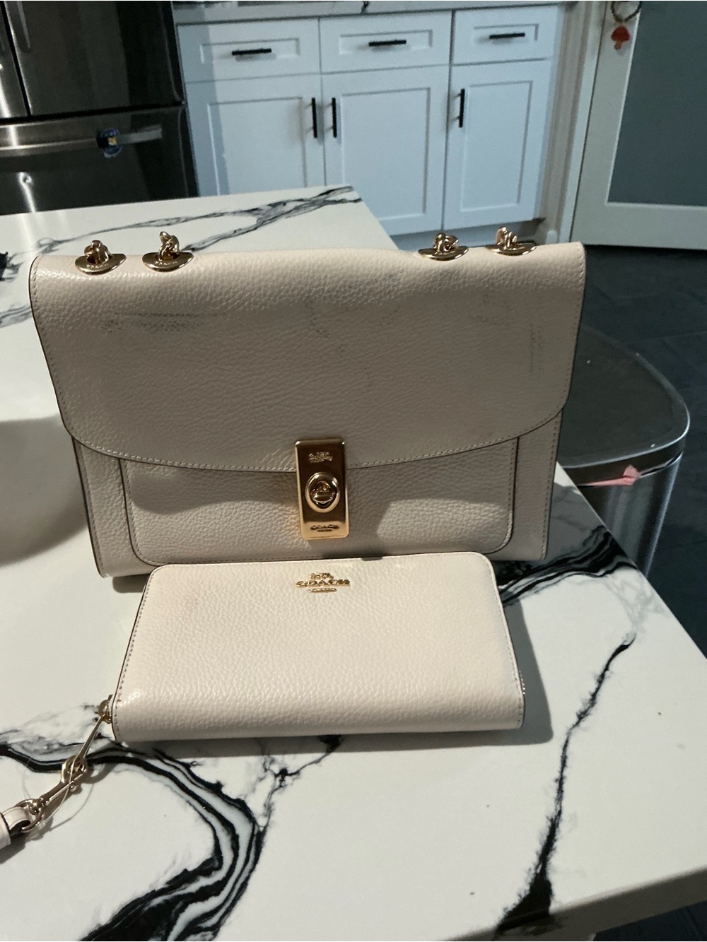 Coach Cream Pebbled Leather Shoulder Bag with Matching Wallet